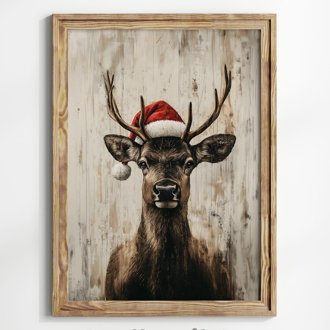 Reindeer Wearing Santa Hat Rustic Christmas Wood Sign Style Poster