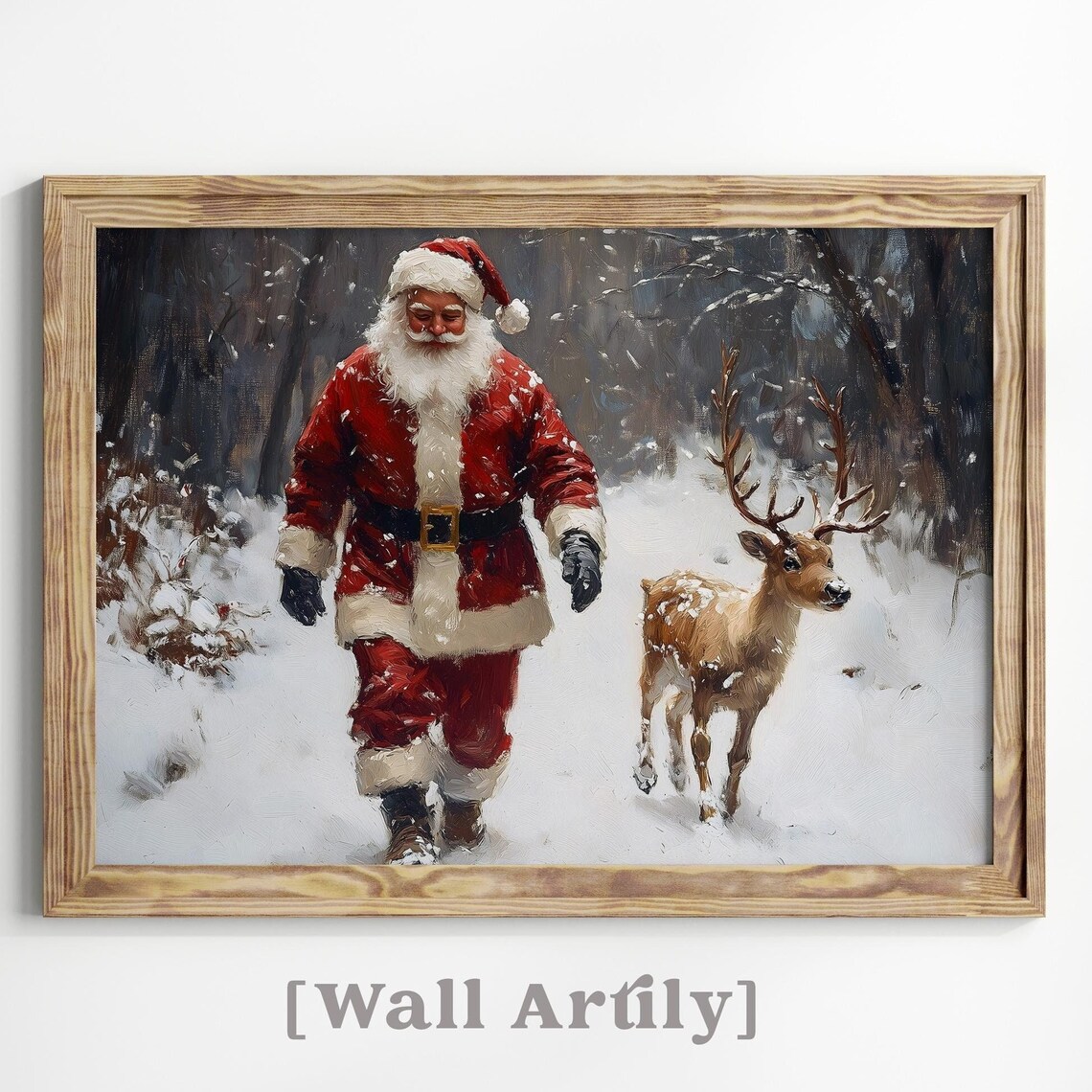 Santa Claus Walking With Reindeer Snowy Forest Christmas Poster