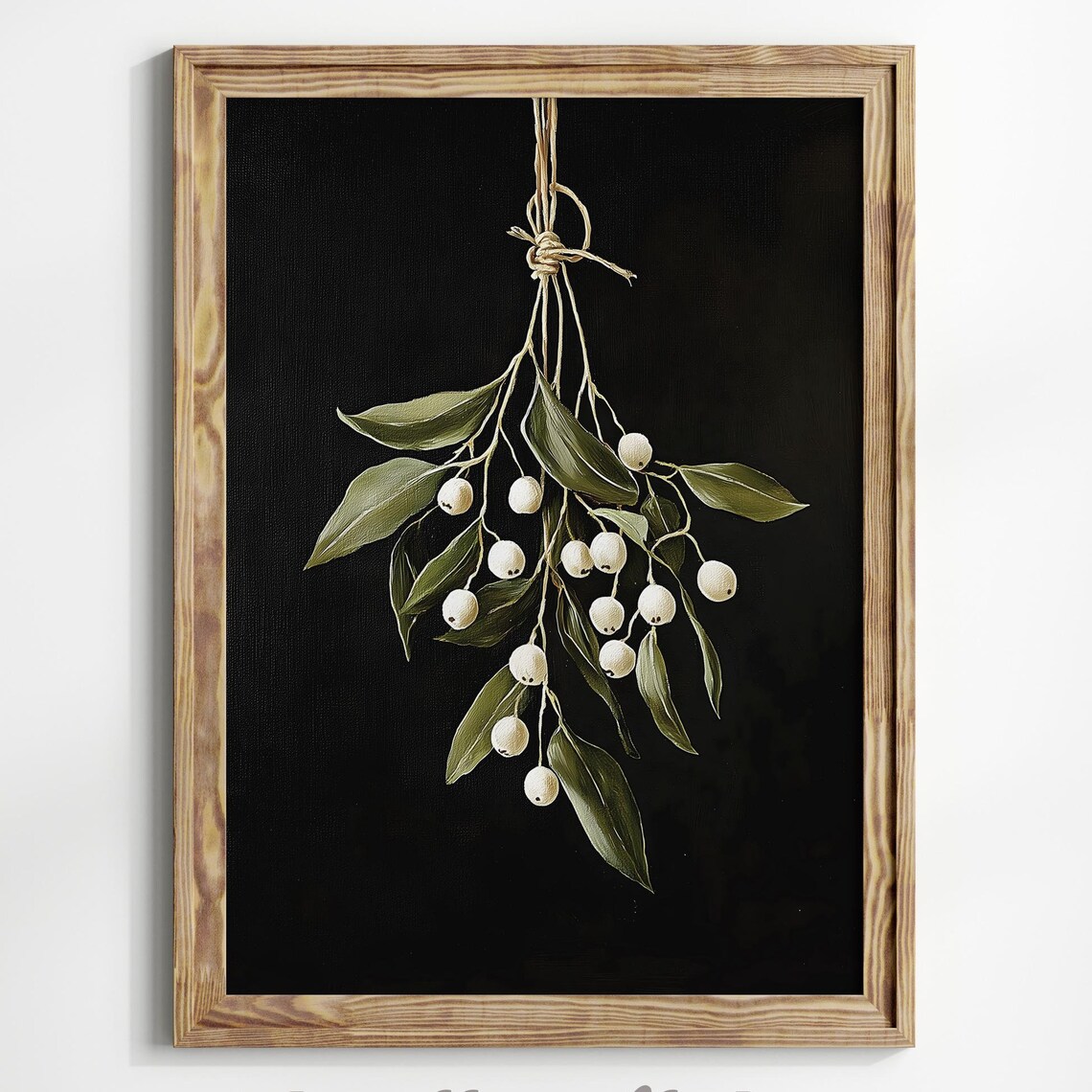 Hanging Mistletoe With White Berries On Black Background Poster