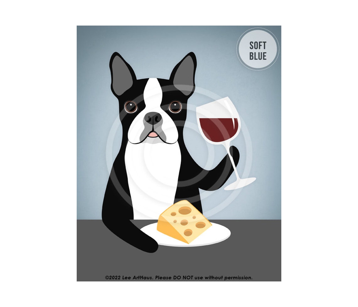 Boston Terrier Wine And Cheese Night Red Wine Glass Gray Poster - Image 3