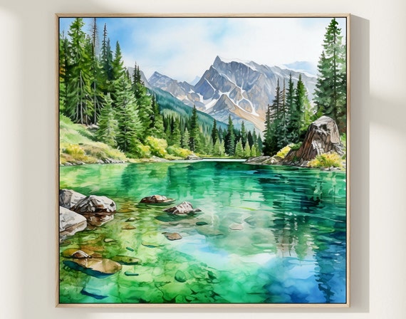 Mountain Lake Watercolor Art Print Vivid Green Landscape