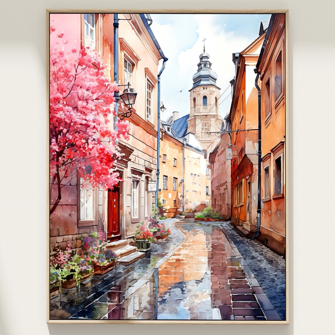 Pink Blossom European Street Watercolor Church Tower City Art Poster