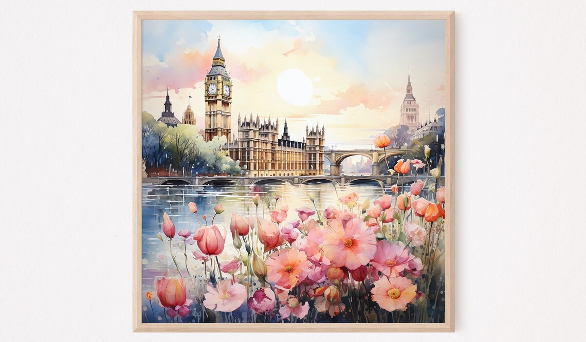 London Big Ben Sunset Watercolor Painting Pink Flowers Riverside Poster