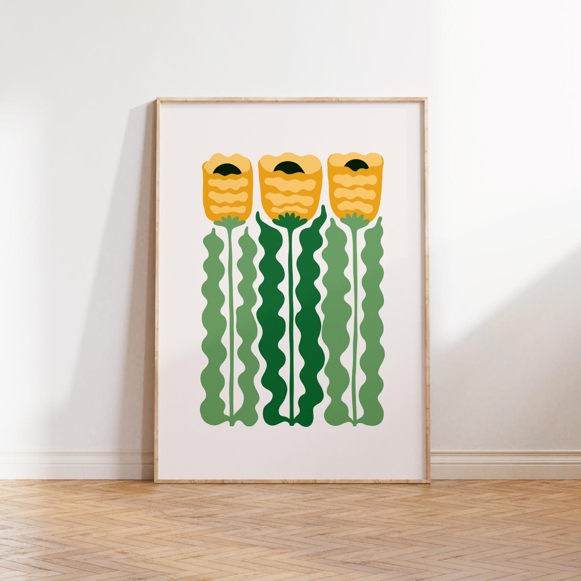 Three Yellow Tulips Folk Art Green Wavy Leaves Retro Flower Poster