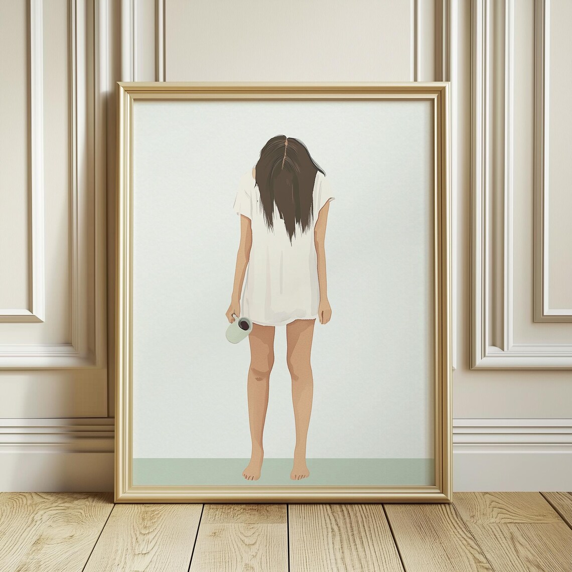 Tired Mom Morning Coffee Barefoot Woman Minimalist Art Poster - Image 3