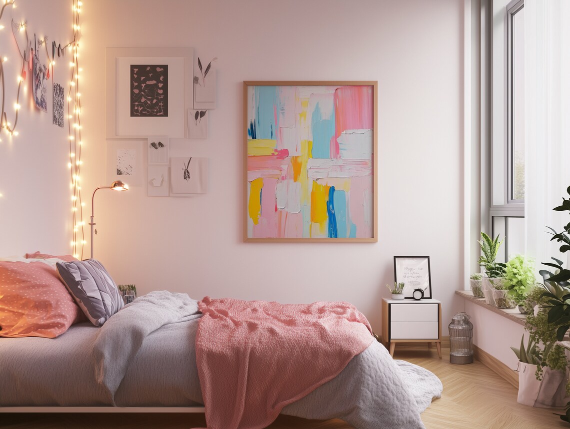 Abstract Pastel Preppy Print Dorm Room Wall Art Acrylic Painting Trendy Teen Girl Decor Colorful Girly Modern Poster - Image 4