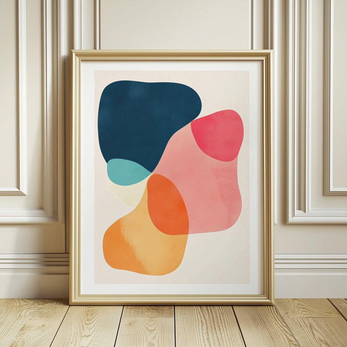 Navy Coral and Teal Organic Blob Abstract Mid Century Poster - Image 3