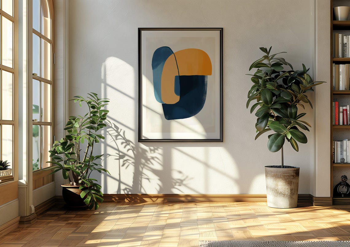 Royal Blue and Mustard Interlocking Abstract Shapes Mid Century Poster - Image 4
