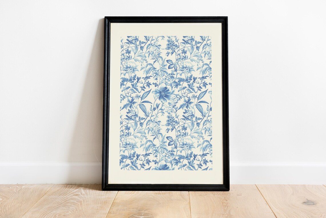 Blue Toile De Jouy Botanical Poster Vintage French Floral Vine Artwork - Image 2