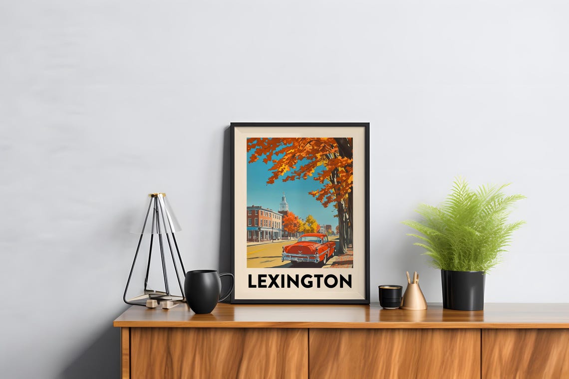 Lexington Kentucky Retro Travel Poster Autumn Classic Car Scene - Image 2