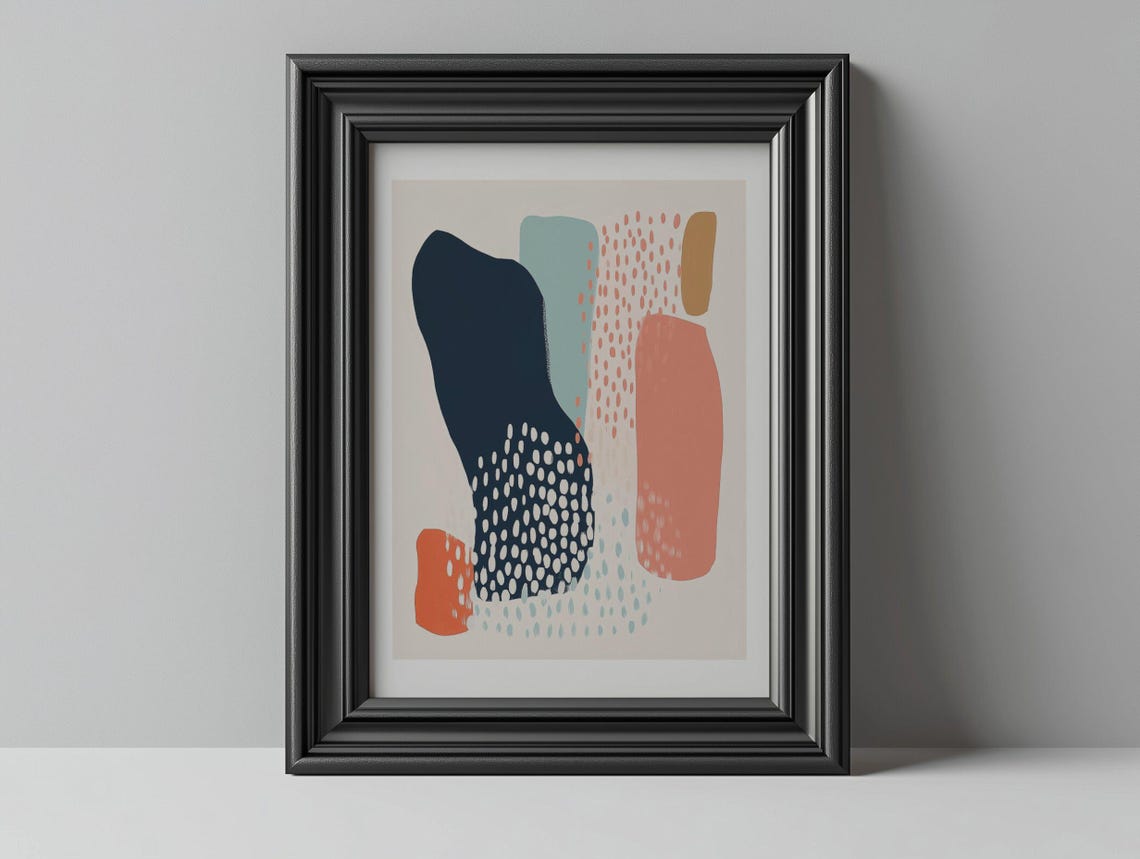 Navy Dotted Organic Abstract With Coral Columns Modern Poster - Image 2