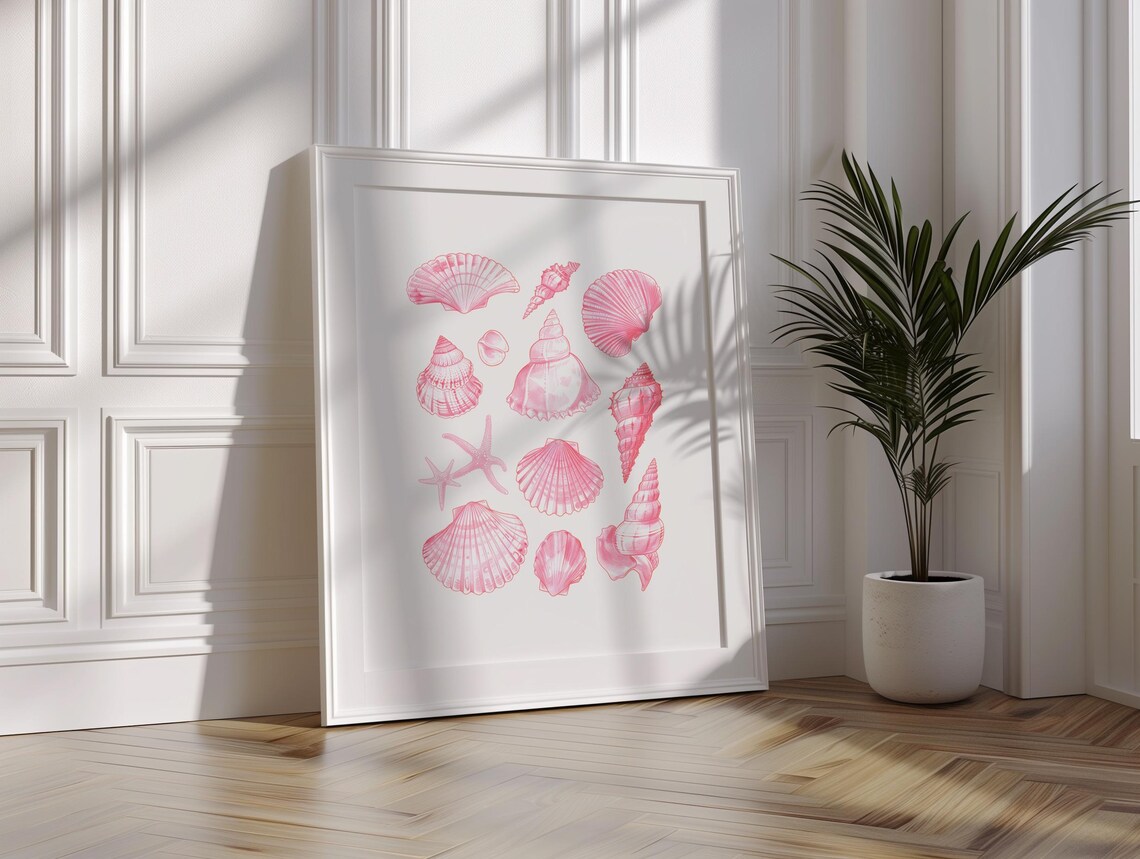 Pink Seashell Collage Coastal Poster Watercolor Conch Scallop Beach Decor - Image 2