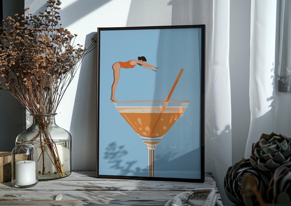 Retro Cocktail Diving Woman Bar Cart Art Print - Image 2