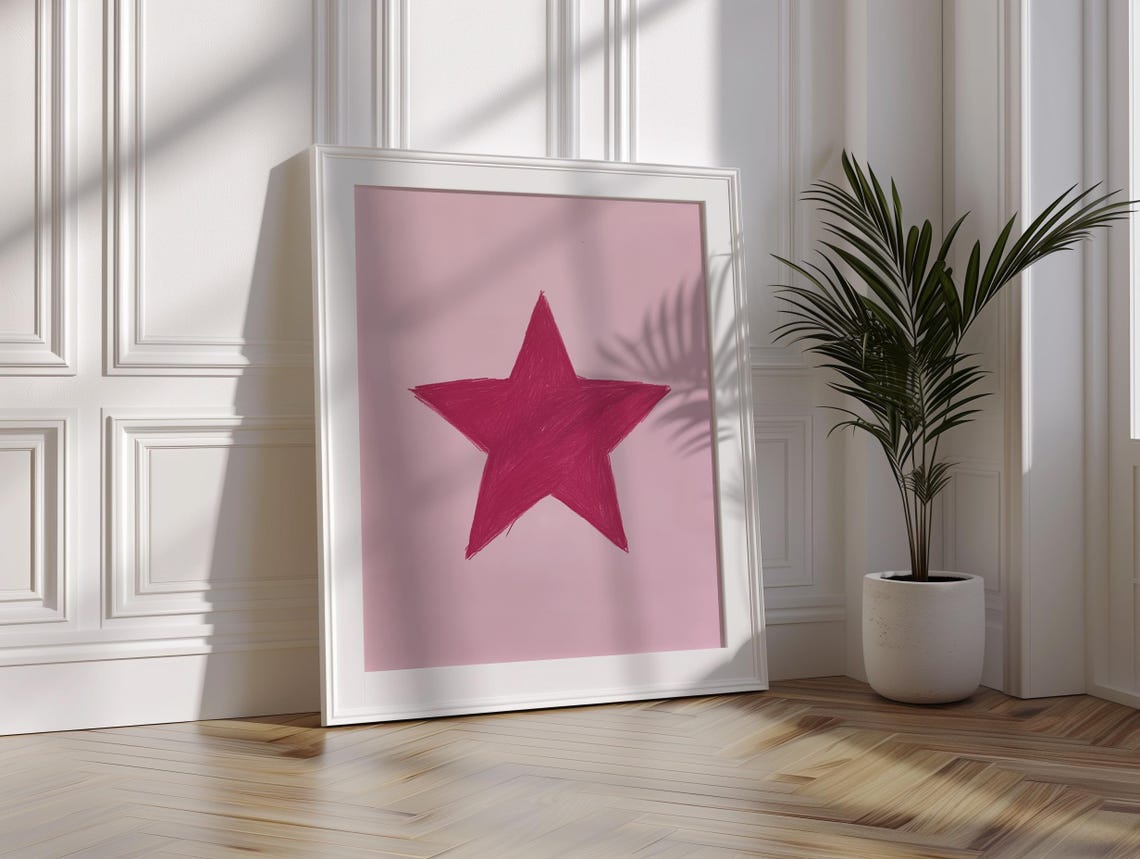 Pink Crayon Star Hand Drawn Retro Dorm Room Wall Art Decor Aesthetic - Image 3