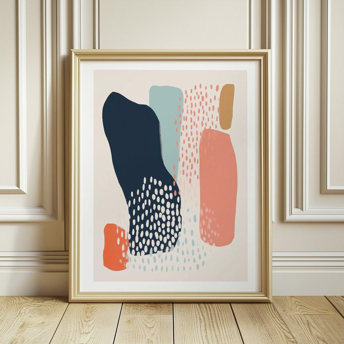 Navy Dotted Organic Abstract With Coral Columns Modern Poster - Image 3