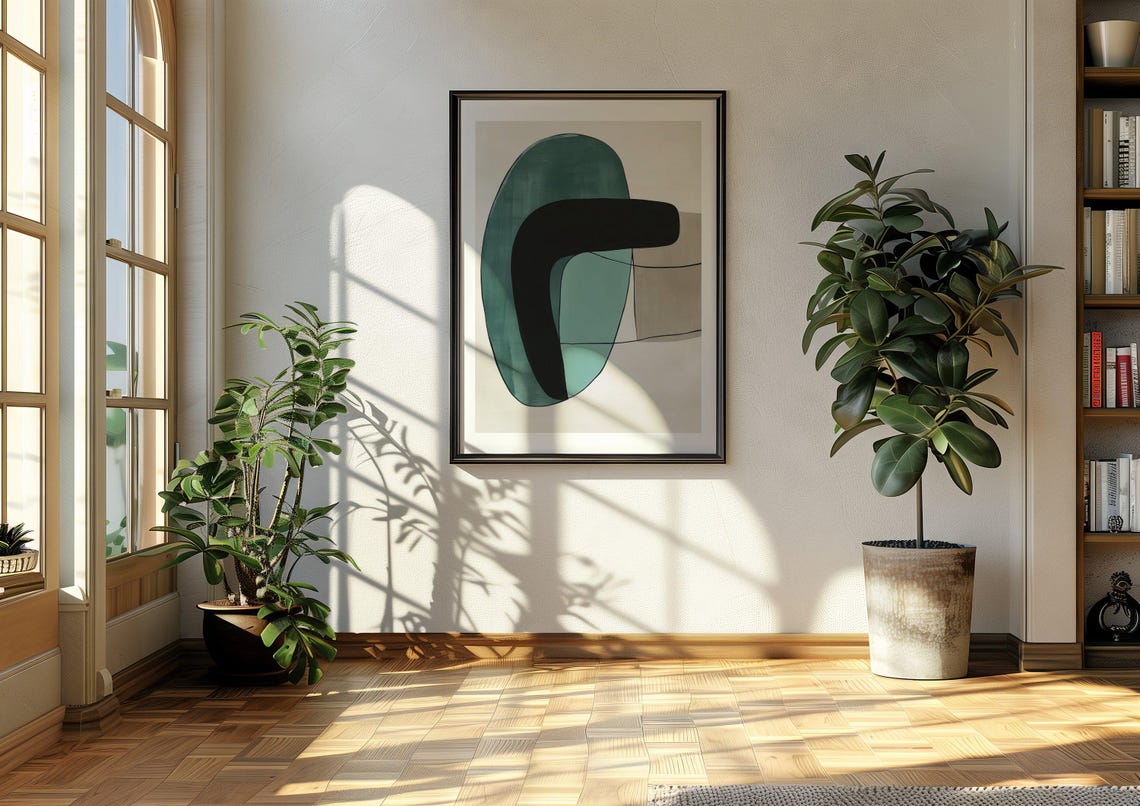 Teal Green and Black Hooked Shape Modern Minimalist Abstract Poster - Image 2