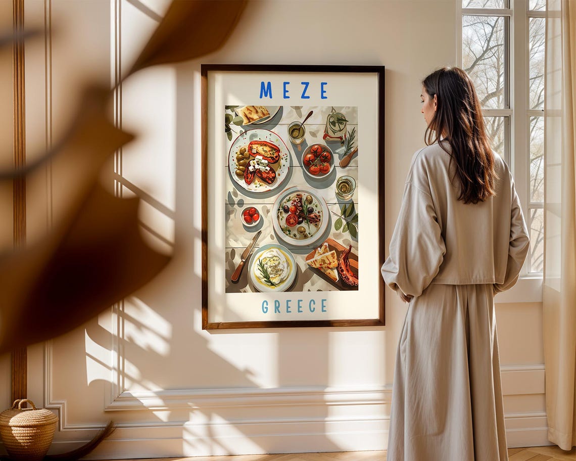 Greek Meze Mediterranean Feast Table Colorful Kitchen Art Poster