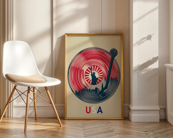 USA Vinyl Record Art Statue of Liberty NYC Skyline Music Poster