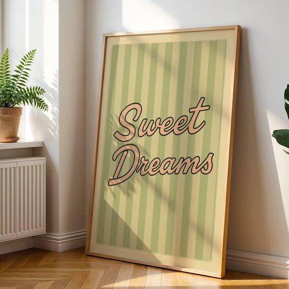 Sweet Dreams Retro Green Striped Typography Bedroom Decor Poster
