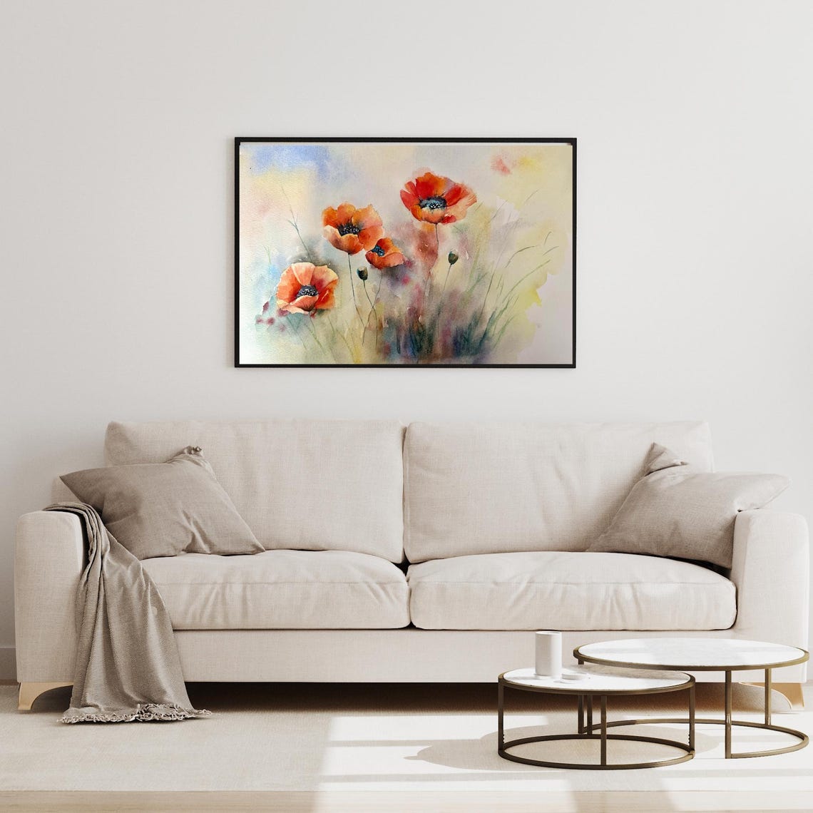 Orange Red Poppies in Soft Misty Morning Light Watercolor Poster - Image 2