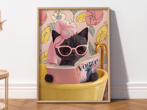Chic Black Cat in Bathtub Reading Vogue Cat Magazine Poster Art