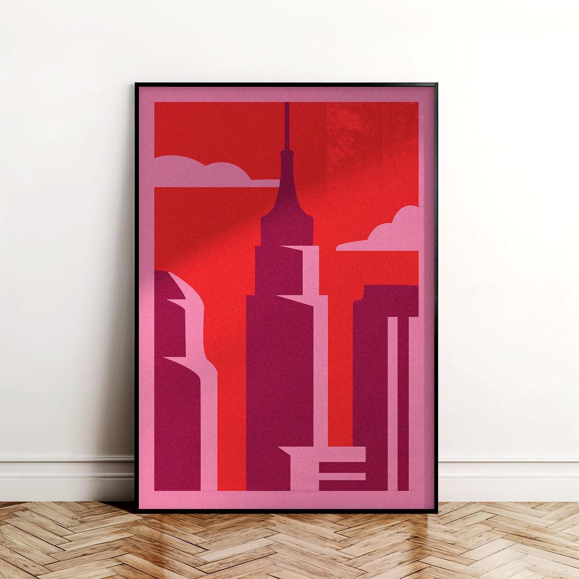 Red And Pink Cityscape Print Modern Geometric Skyline Art
