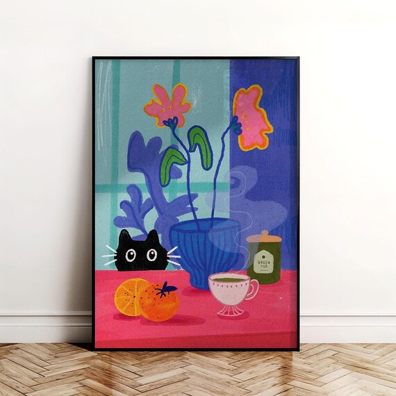 Black Cat Green Tea Cup Flowers Whimsical Kitchen Still Life Poster