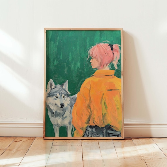 Woman And Wolf Art Print Bold Color Figurative Wall Modern Acrylic Wildlife Artwork Pink Orange Minimalist Decor Animal
