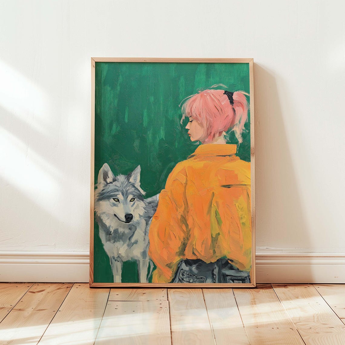Pink Haired Woman with Grey Wolf Green Modern Figurative Poster