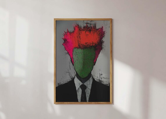 Psychedelic Faceless Portrait with Red Spiky Hair Art Poster