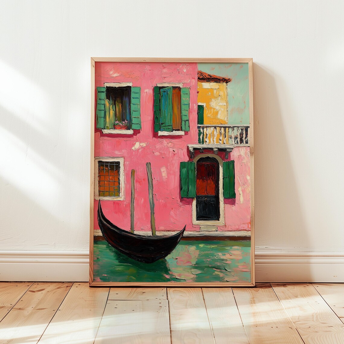 Pink Venetian Building with Gondola Canal Oil Painting Poster