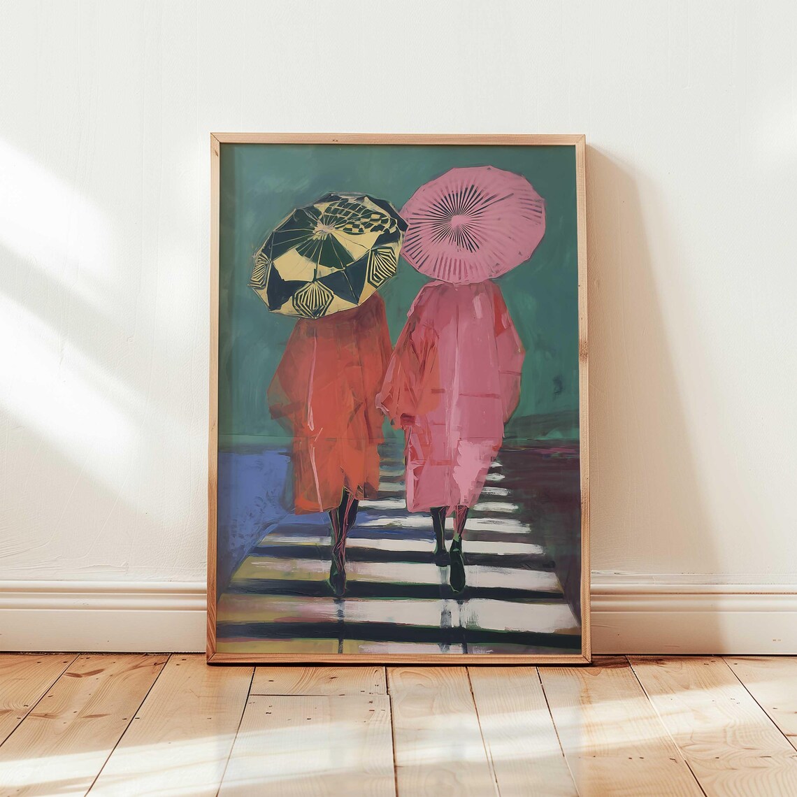 Two Women with Umbrellas Crossing Rainy Street Painting Poster