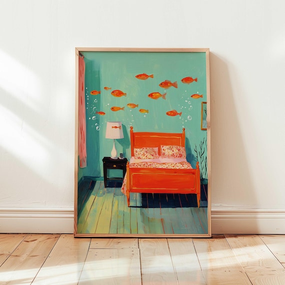 Coastal Wall Art Print Whimsical Bedroom Illustration Funky Surreal Decor Dreamy Room Poster Colorful Maximalist