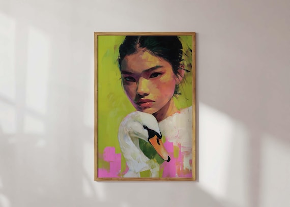 Swan Girl Portrait Wall Art Bold Modern Female Print Whimsical Animal Colorful Room Decor Lover Gift