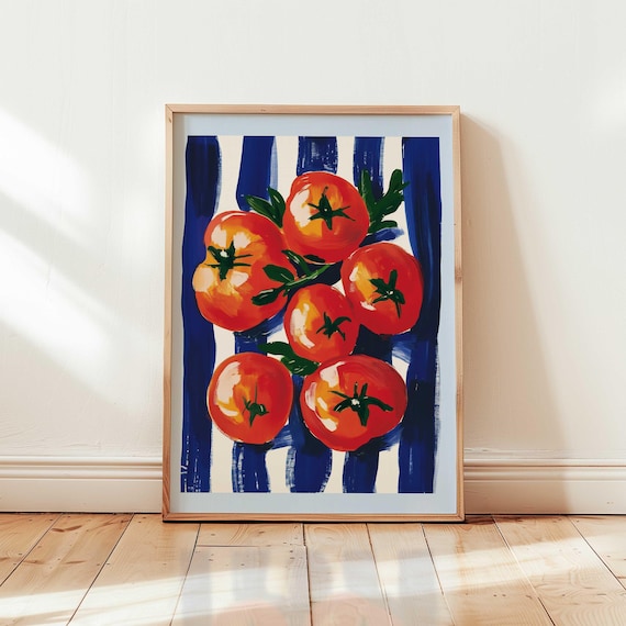 Ripe Red Tomatoes Blue Striped Background Painted Kitchen Art Poster