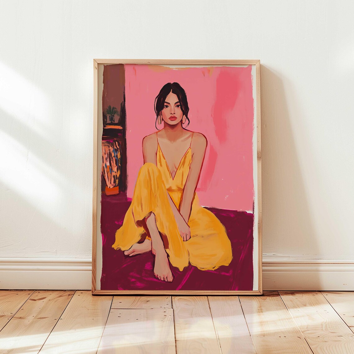 Seated Woman In Yellow Slip Dress Against Pink Wall Modern Art Poster