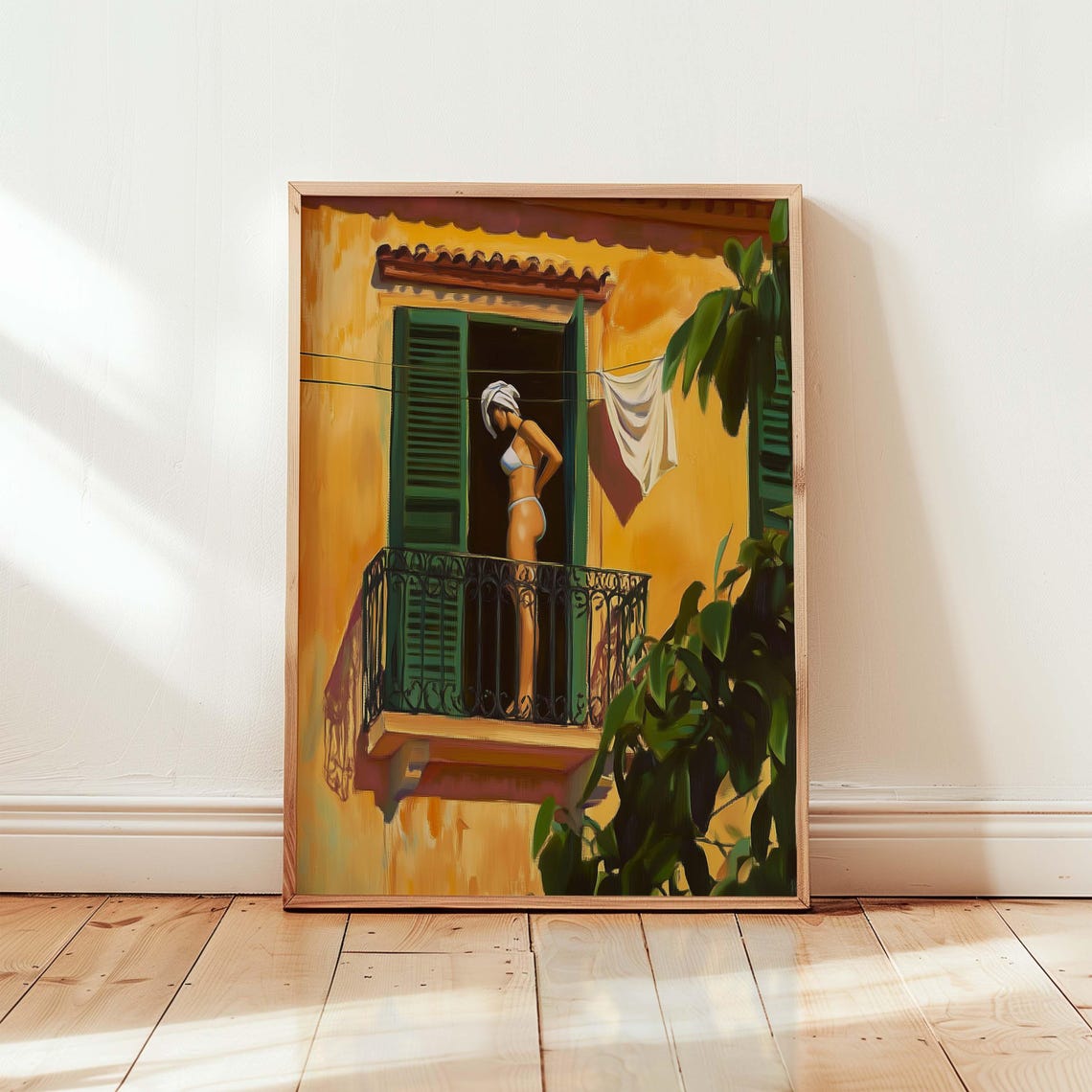 Italian Balcony Woman With Green Shutters Sunlit Mediterranean Poster