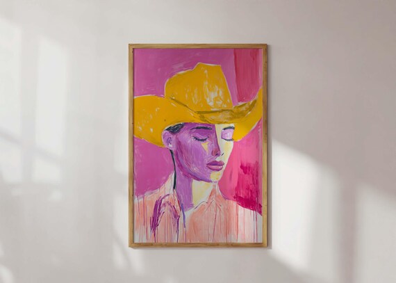 Trendy Western Impressionist Art Print Colorful Cowboy Hat Painting Bold Acrylic Portrait Modern Expressionist Wall Decor
