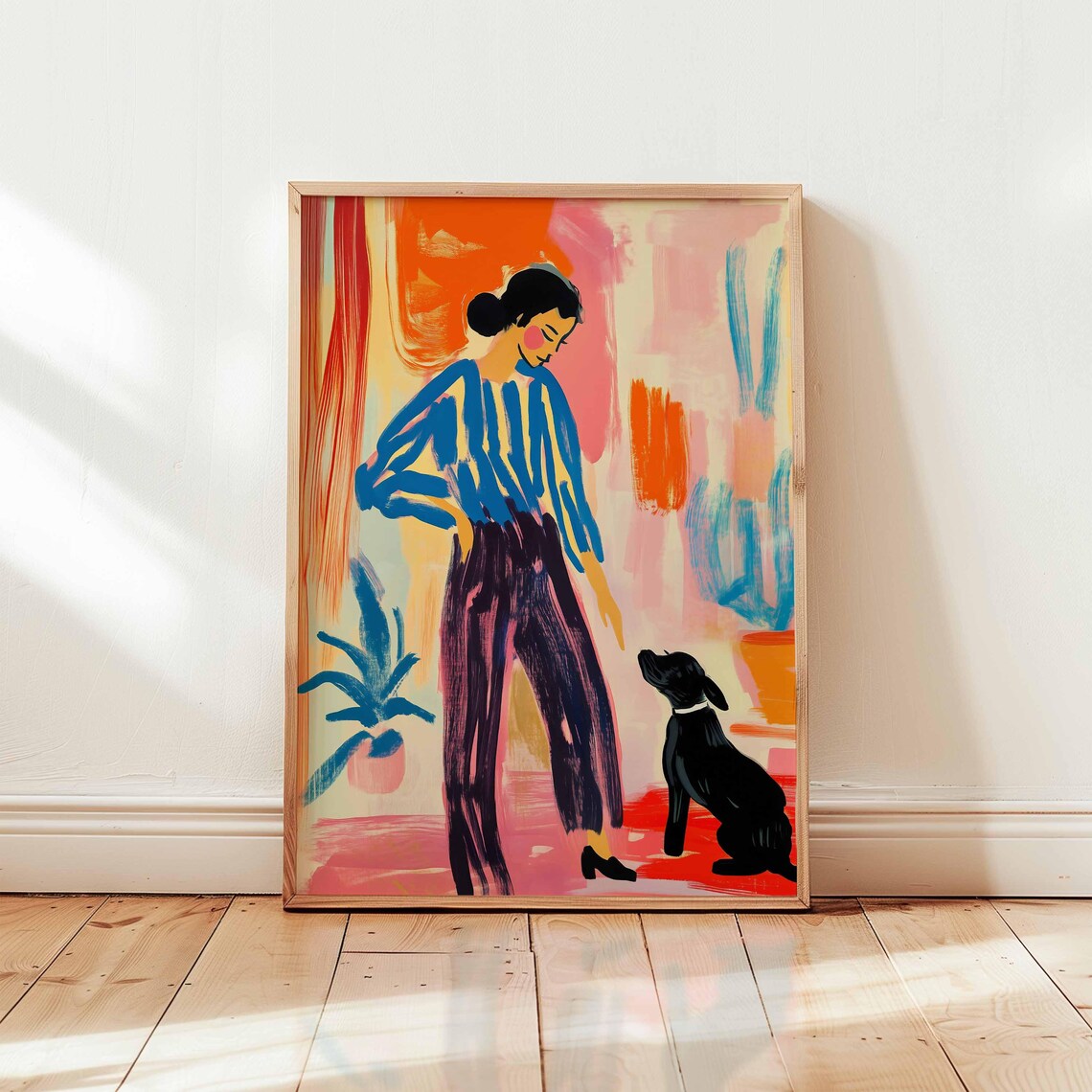 Girl And Dog Maximalist Retro Abstract Art Print