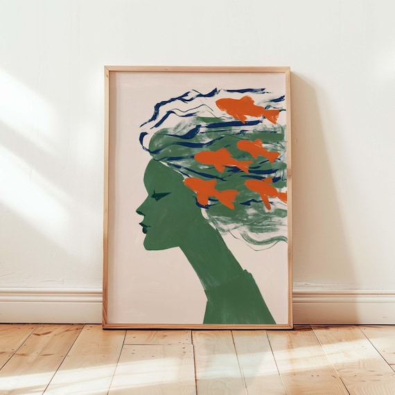 Whimsical Figurative Wall Art Woman Fish Portrait Print Coastal Botanical Maximalist Poster Abstract Colorful