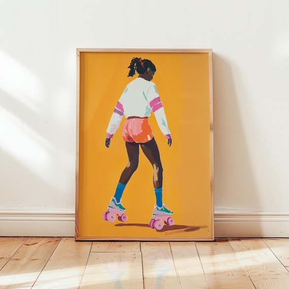 Retro Roller Skater Girl on Orange Pop Art Illustration Poster