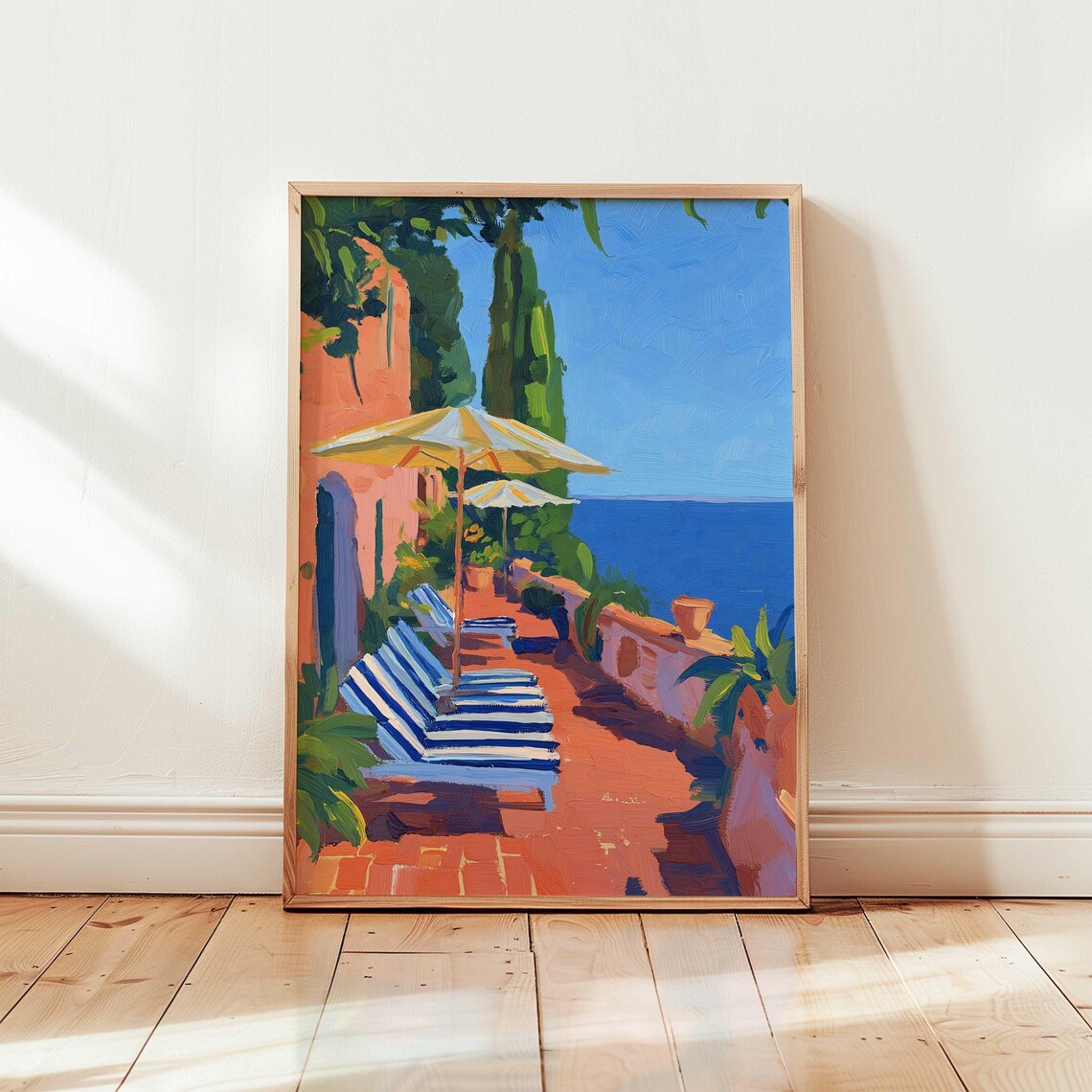 Amalfi Coast Sun Terrace Striped Loungers Umbrella Art Poster