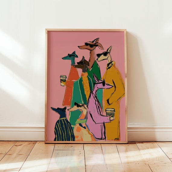 Greyhound Coffee Art Print Funny Whippet Dog Wall Colorful Modern Decor Quirky Gift For Lovers