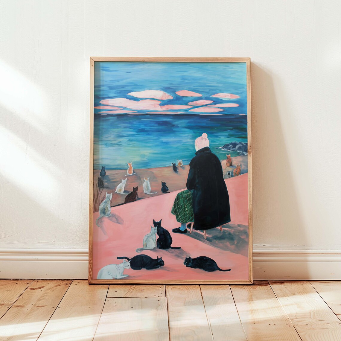Woman With Many Cats Pink Beach Whimsical Cat Lovers Art Poster