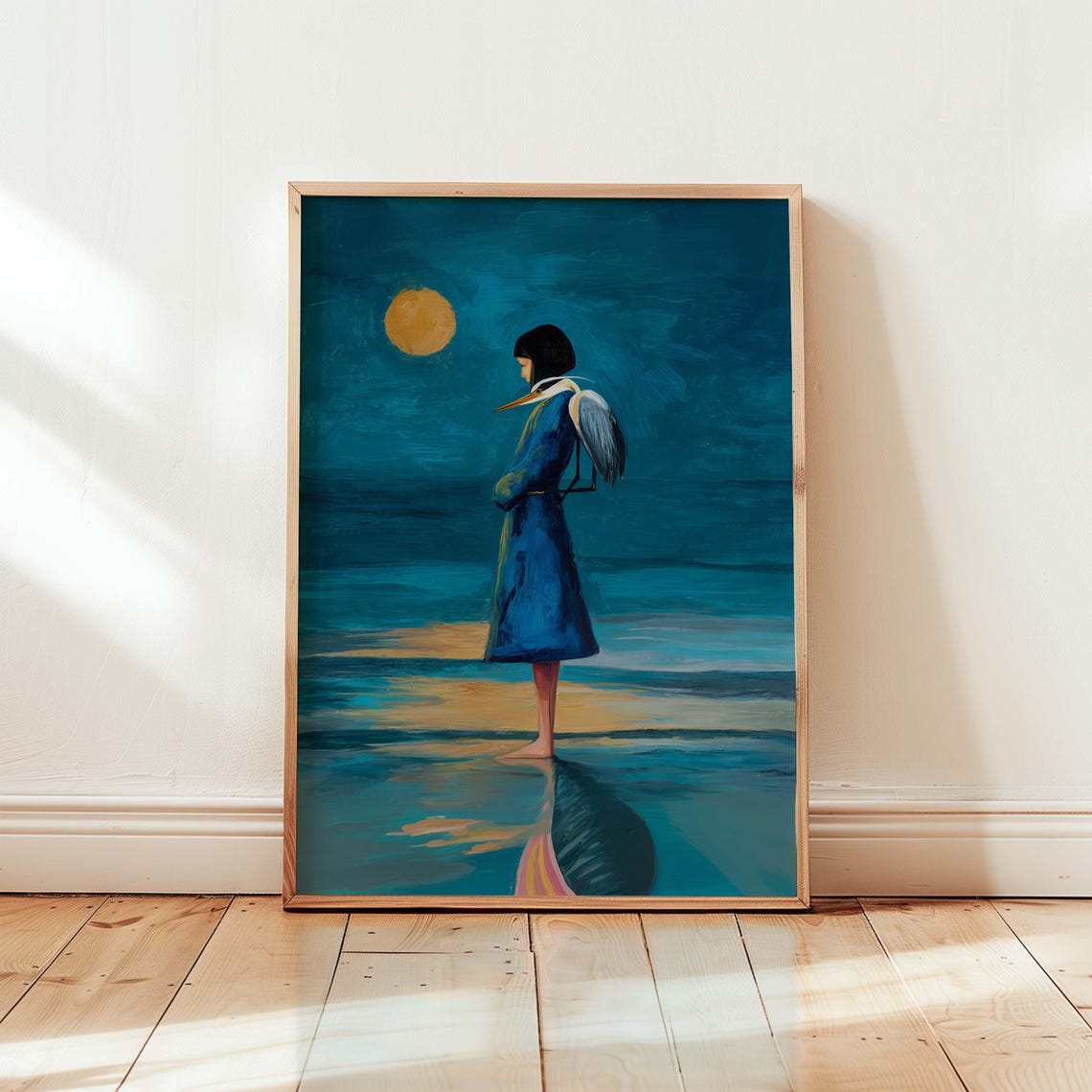 Surreal Woman with Heron Under a Golden Moon Seascape Poster