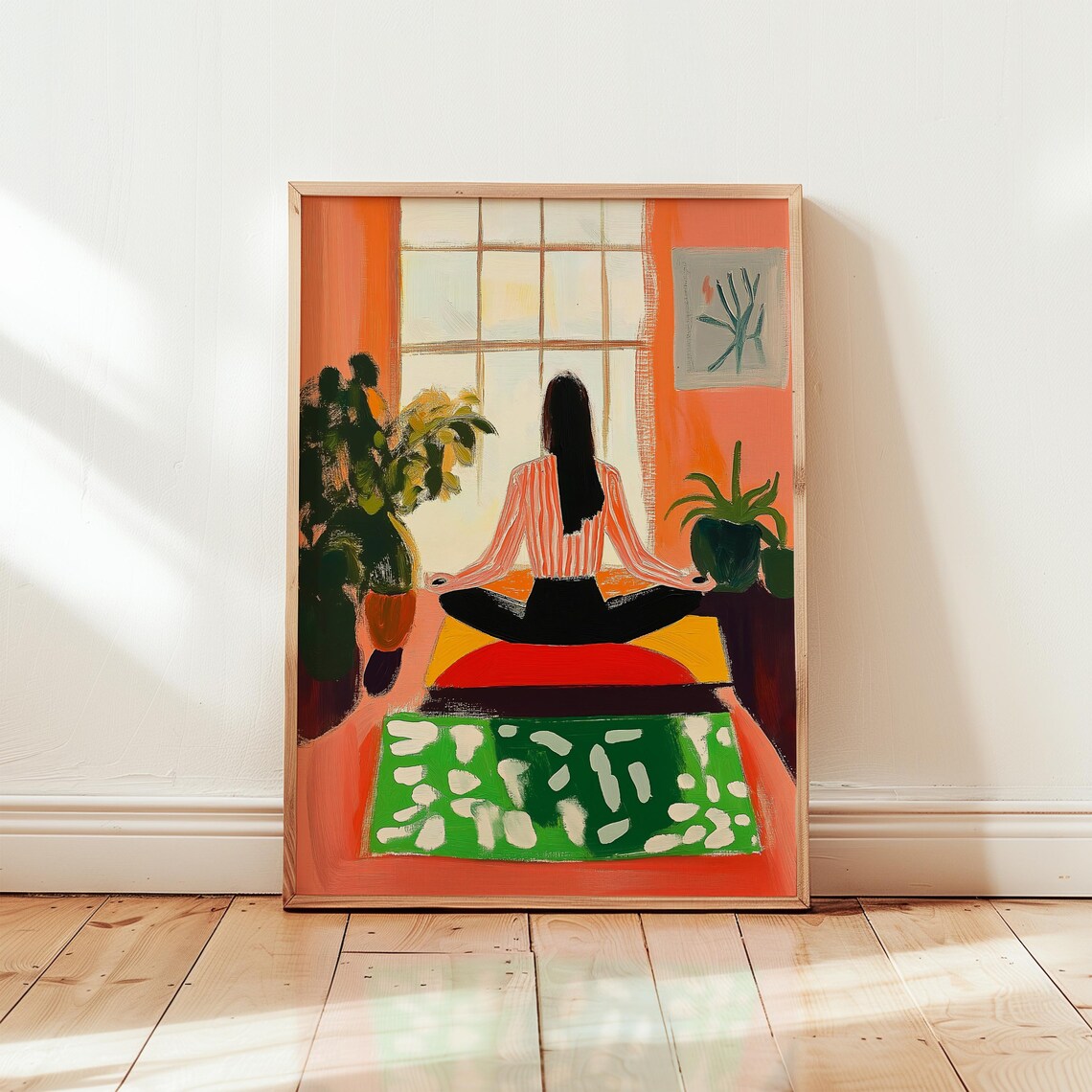 Woman Meditating by Window Orange Room Painting Wellness Poster