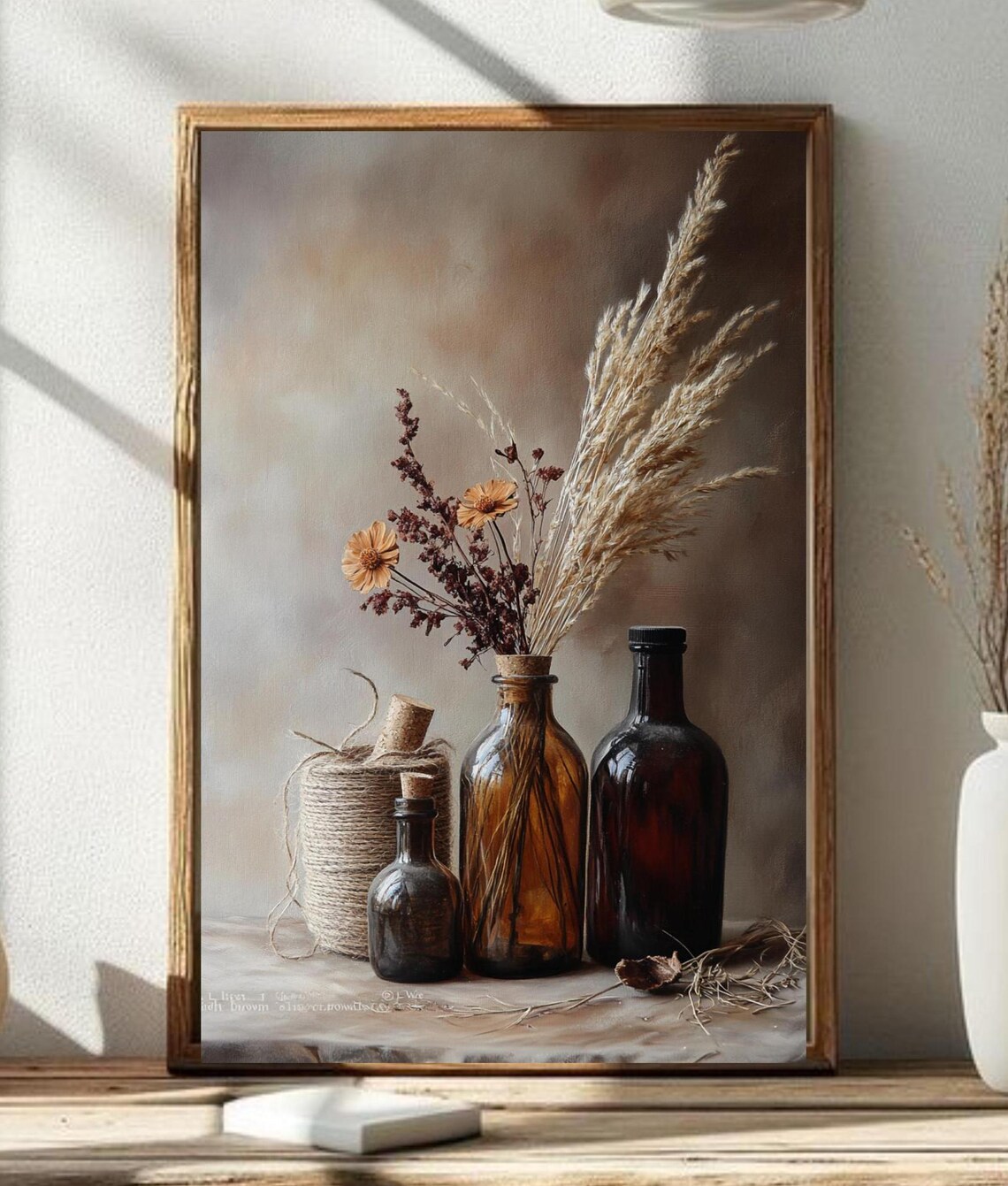 Rustic Amber Glass Bottles and Dried Flowers Vintage Still Life Poster