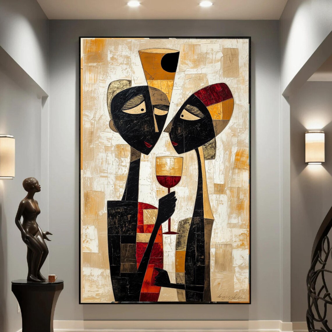 Cubist Couple Wine Art Print, Romantic Decor