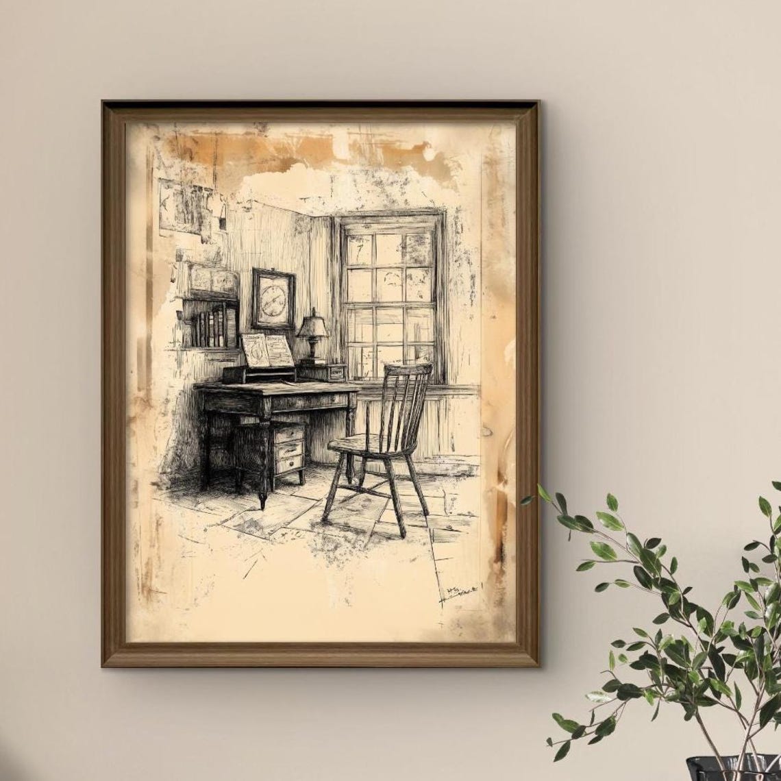 Victorian Study Room Antique Writing Desk Sepia Sketch Poster