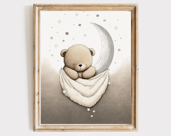 Teddy Bear Quirky Wall Art Children Room Decor Cute Animals Nursery Moon